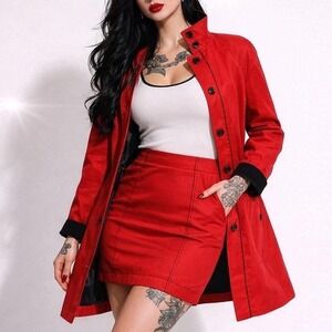 80s Vintage Red Water Resistant Barn Coat Womens 10 M Mod Raincoat Piped Black